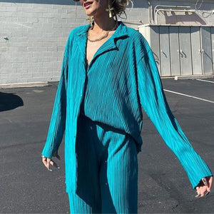 Casual Loose Pleated Collared Shirt And Wide Leg Trousers Loungewear Set