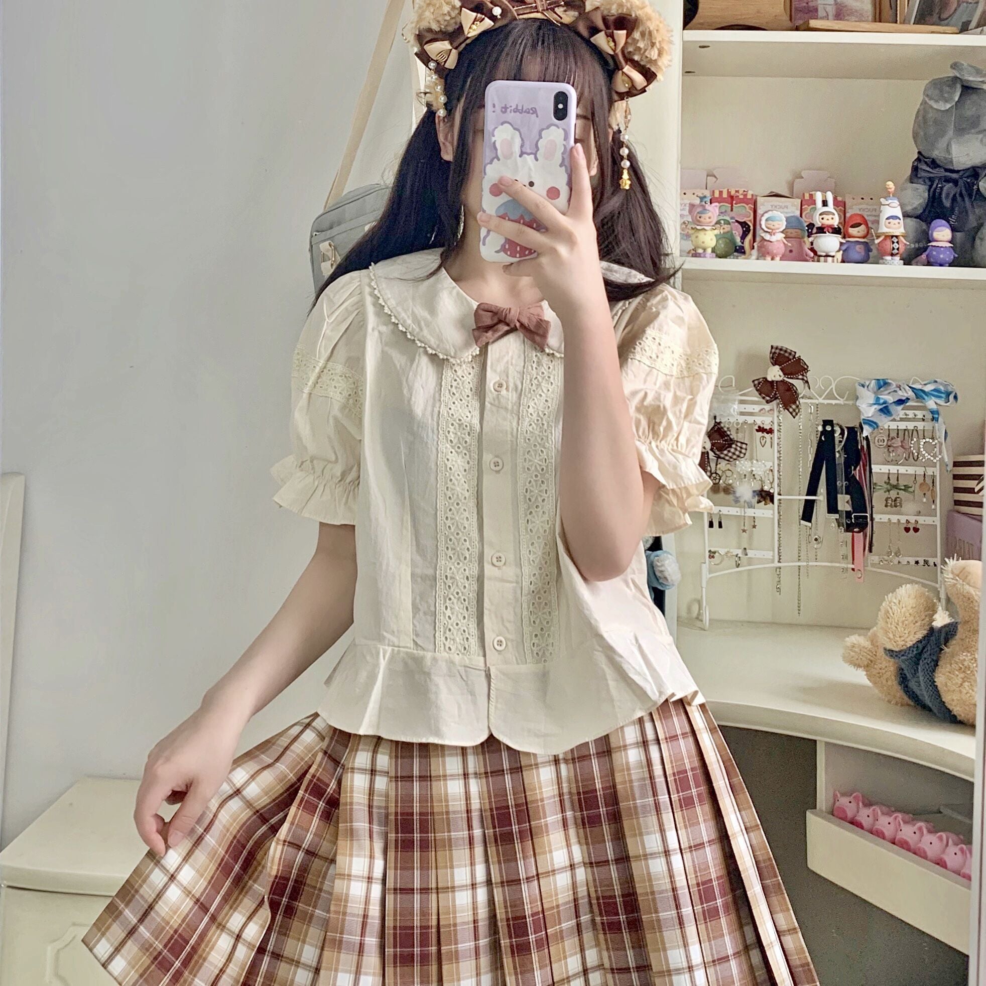 Kawaii Peter Pan Collar Eyelet Short Sleeve Lolita Blouse Shirt