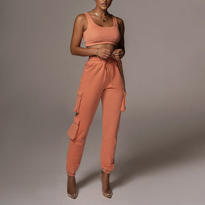 Sporty Crop Top and Pocket Detail Jogger Tracksuit Pant Set