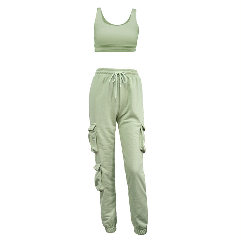 Sporty Crop Top and Pocket Detail Jogger Tracksuit Pant Set