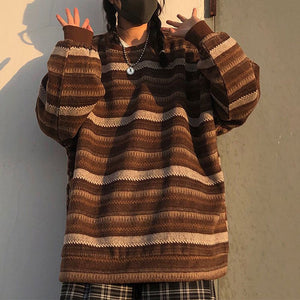 Retro 90s Color Block Tribal Stripe Slouchy Baggy Long Sleeve Sweater