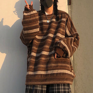 Retro 90s Color Block Tribal Stripe Slouchy Baggy Long Sleeve Sweater