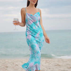 Cute Solid Color Cowl Neck Slip Long Satin Dress Low Back