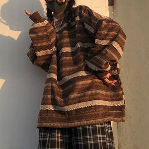 Retro 90s Color Block Tribal Stripe Slouchy Baggy Long Sleeve Sweater