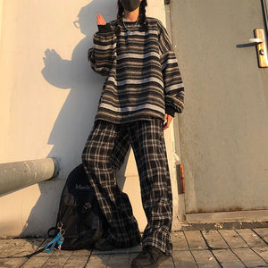 Retro 90s Color Block Tribal Stripe Slouchy Baggy Long Sleeve Sweater