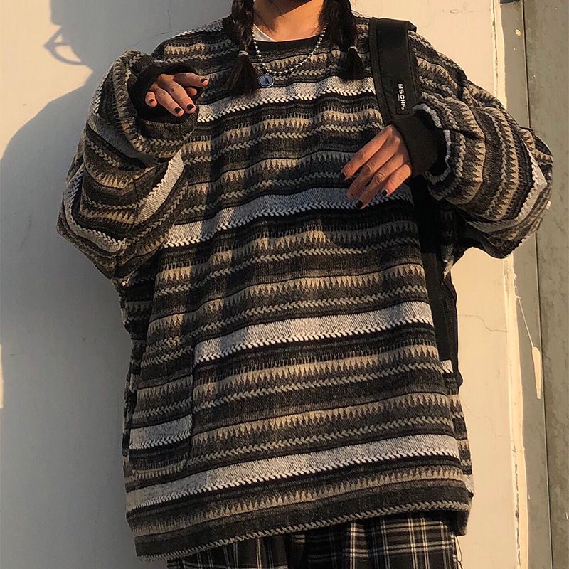 Retro 90s Color Block Tribal Stripe Slouchy Baggy Long Sleeve Sweater