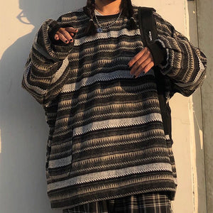 Retro 90s Color Block Tribal Stripe Slouchy Baggy Long Sleeve Sweater