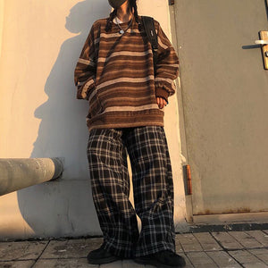 Retro 90s Color Block Tribal Stripe Slouchy Baggy Long Sleeve Sweater