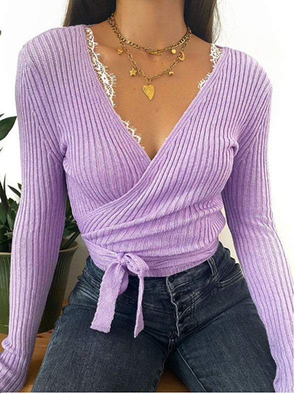 Oversized Tie Back Knitted Wrap Front Sweater Crop Tops