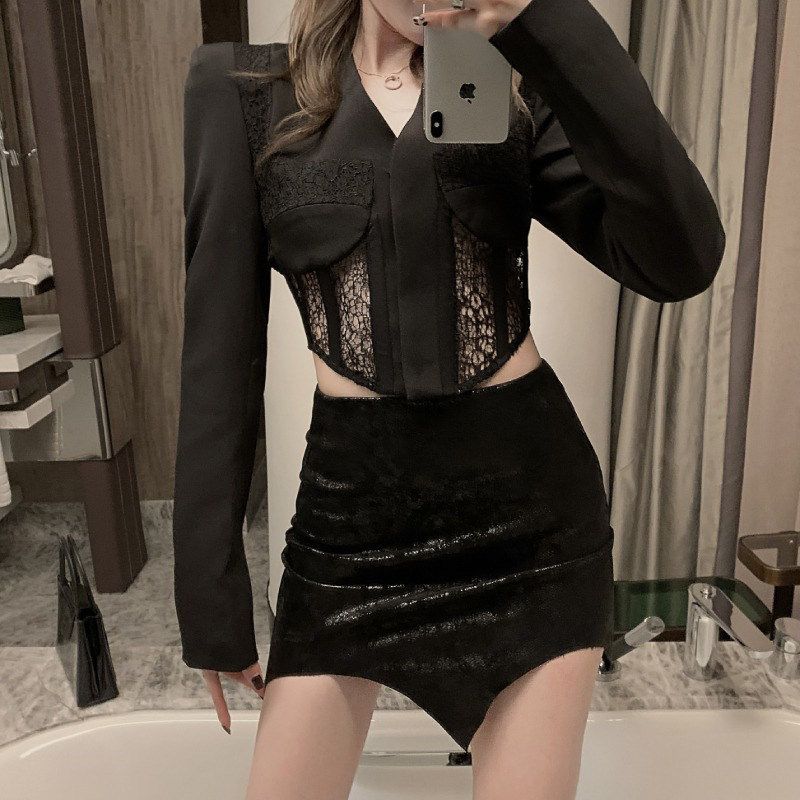 Slim Fit Tailored Blocked Mesh Lace Cropped Corset jacket
