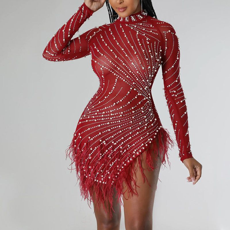 Glitter Sequin Rhinestone Fringe Long Sleeve Turtle Neck Dress With Split