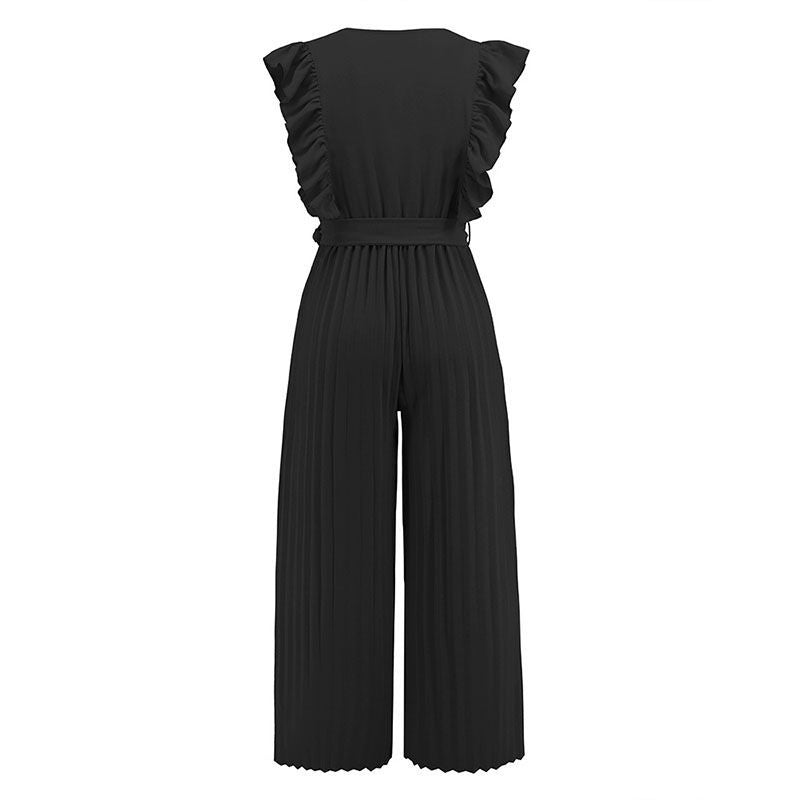 Formal Belted Ruffle Pleated V Neck Wide Leg Palazzo Jumpsuits For Women