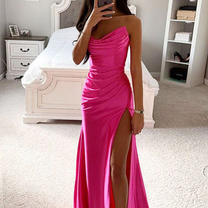 Fabulous Ruched Satin Silky Homecoming Prom Dress With Slit