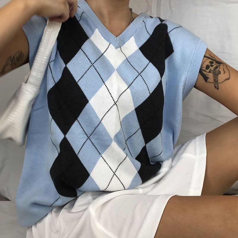 Checkered Cropped Knitted Tank Argyle Sleeveless Jumper