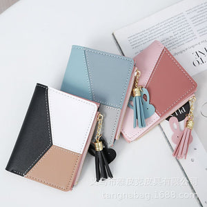 Compact Faux Leather Bi Fold Zipper Pocket Wallet Color Block Credit Card Wallets