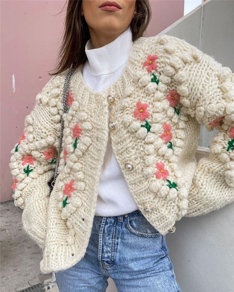 Stitch Floral Embroidered Diamond Pom Pom Hand Cable Knit Cardigan Sweater