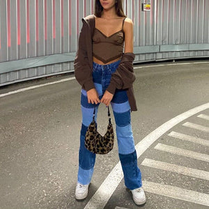 Patchwork Stitch Color Block Slim Fit Straight Leg Jeans Ripped Denim Pants