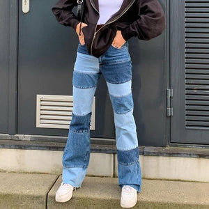 Patchwork Stitch Color Block Slim Fit Straight Leg Jeans Ripped Denim Pants