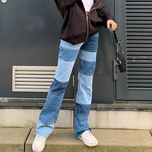 Patchwork Stitch Color Block Slim Fit Straight Leg Jeans Ripped Denim Pants