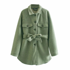 Oversized Utility Pocket Blend Wool Overshirt Shacket with Tie Waist Belt Coat