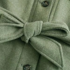 Oversized Utility Pocket Blend Wool Overshirt Shacket with Tie Waist Belt Coat