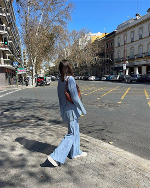Casual Loose Pleated Collared Shirt And Wide Leg Trousers Loungewear Set