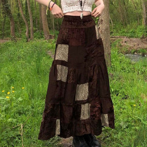 Retro Patchwork Grunge Steampunk Emo Flare Midi Skirt