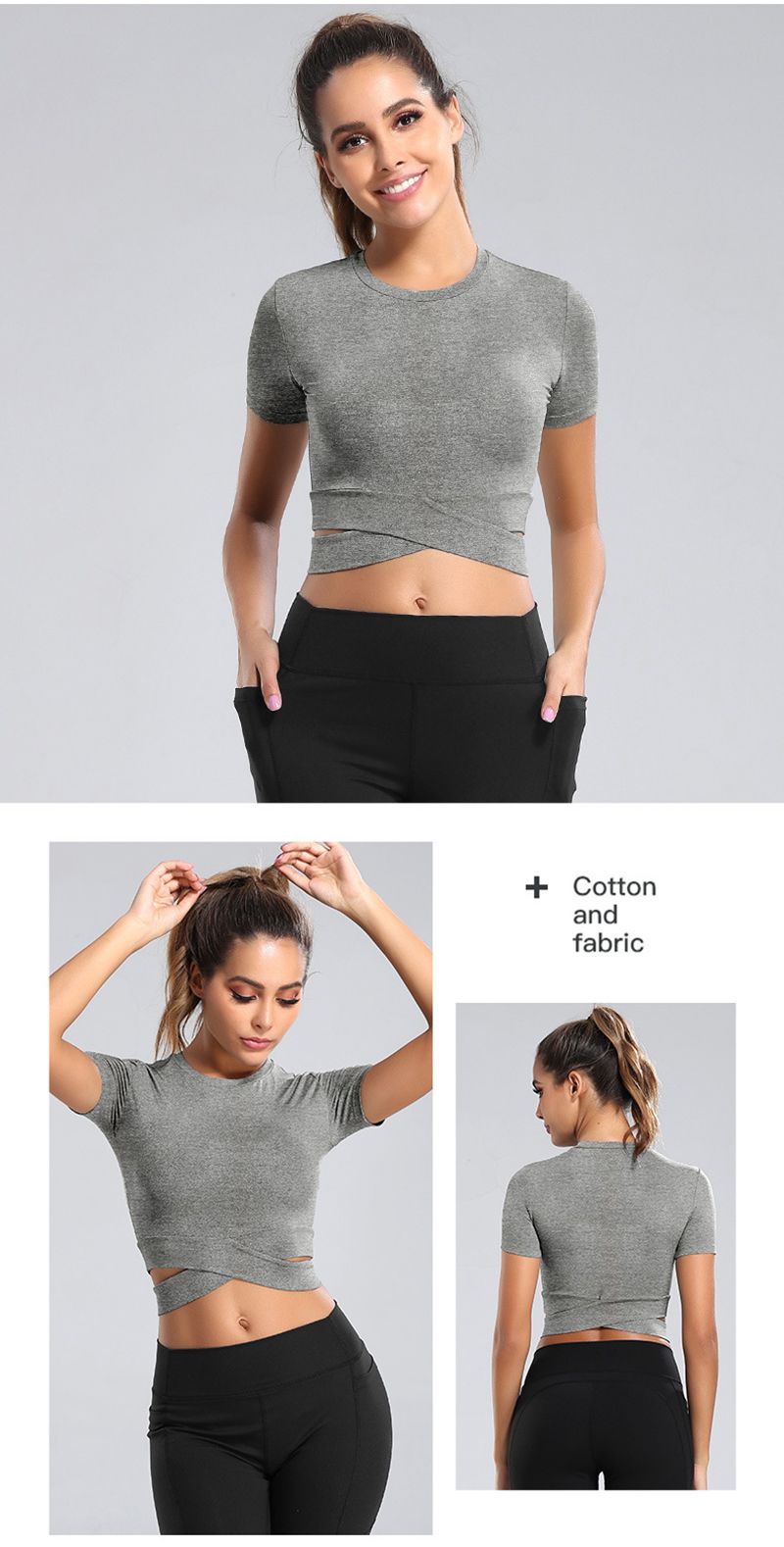 Slim Fit Criss Cross Yoga Short Sleeve Cropped Tee Gym Workout Top