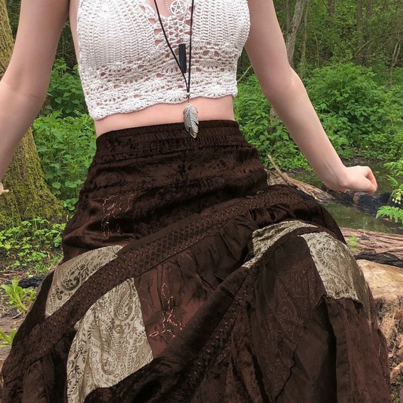 Retro Patchwork Grunge Steampunk Emo Flare Midi Skirt