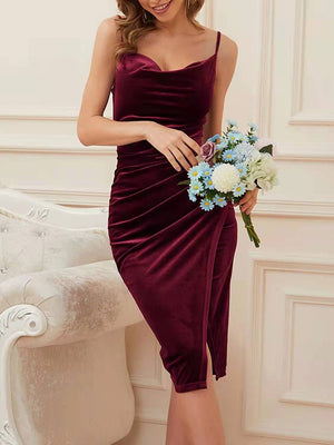 Sexy Cowl Neck Homecoming Evening Ruched Velvet Dresses With Slit