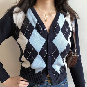 Classic Retro Color block Argyle Print Button Down Sweaters – sunifty