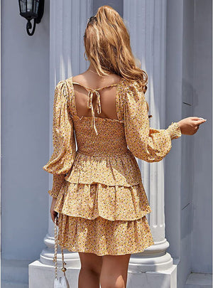 Square Neck Shirring Tiered Frill Layered Mini Dress Puff Sleeves