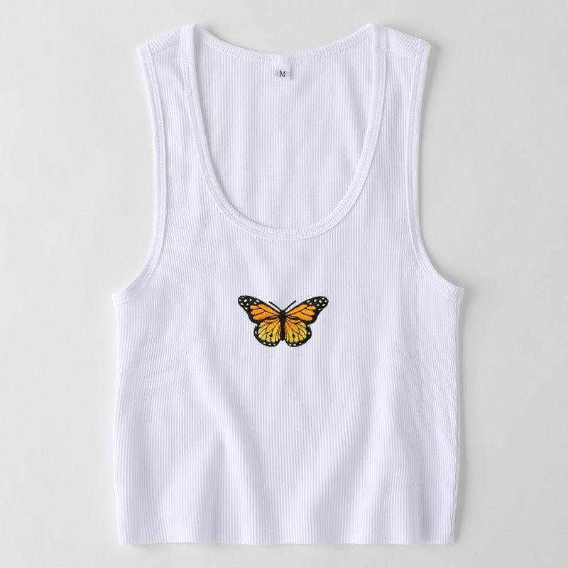 Colorful Butterfly Embroidered Ribbed Cotton Tank Top Crop Top