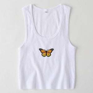 Colorful Butterfly Embroidered Ribbed Cotton Tank Top Crop Top