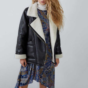 Faux Fur Lined Leather Shearling Moto Jacket