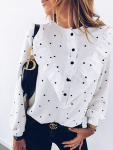 White Dotted Blouse Long Sleeve Ruffle Shirts With Dots