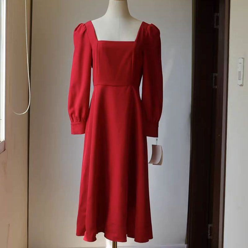 All Black Slim Puff Long Sleeve Square Neck A Line Midi Dresses That H   sunifty