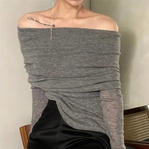 Cozy Rib Knitted Draped Off The Shoulder Top Blouse