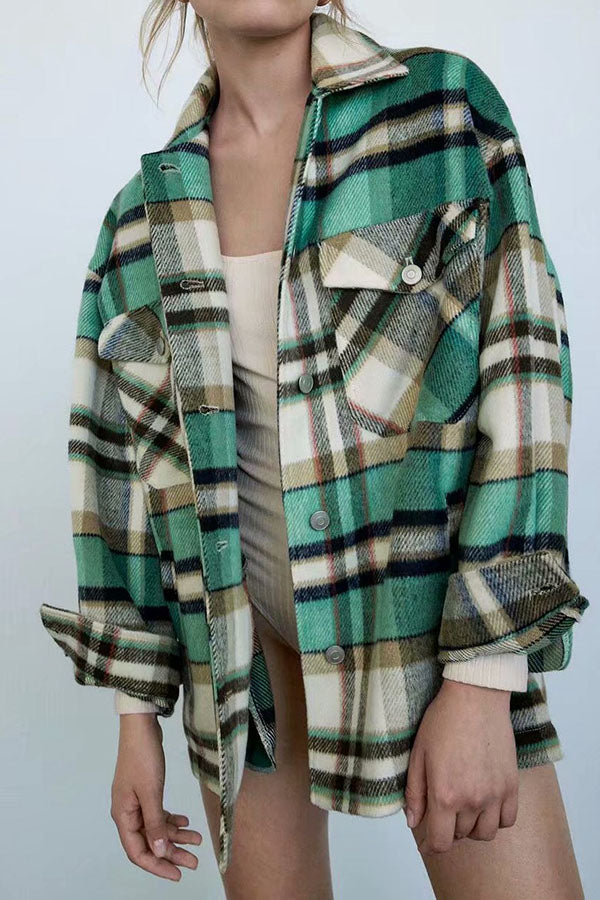 Classic Thick Colorblock Checked Button Down Shirt Jacket Woolen