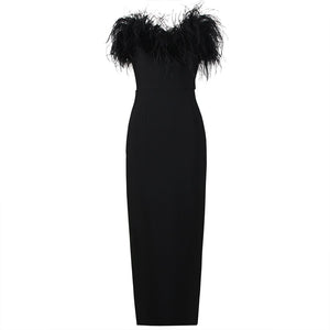 Couture White Feather Trim Cocktail Midi Strapless Dess With Feathers