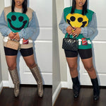 Y2k Aesthetic Smiley Face Color Block Knit Denim Sweatshirt Clothing