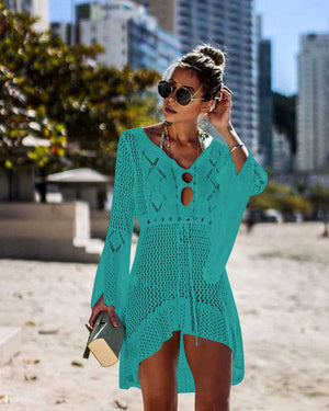 Boho High Low Puff Sleeve Crochet Beach Dress Swim Cover Ups