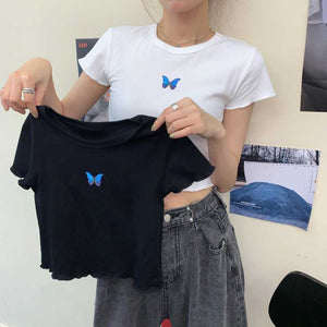 Colorful Butterfly Embroidered Ribbed Cotton Tank Top Crop Top