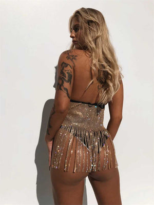 Hippie Sparkle Studded High Waisted Lace Up Tassel Fringe Skirt