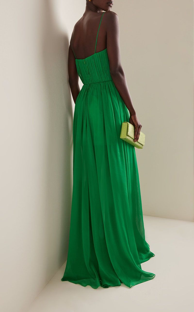 Slip Spaghettie Deep V Neck Cut Out Bustier Pleated Floor Length Gown Dress