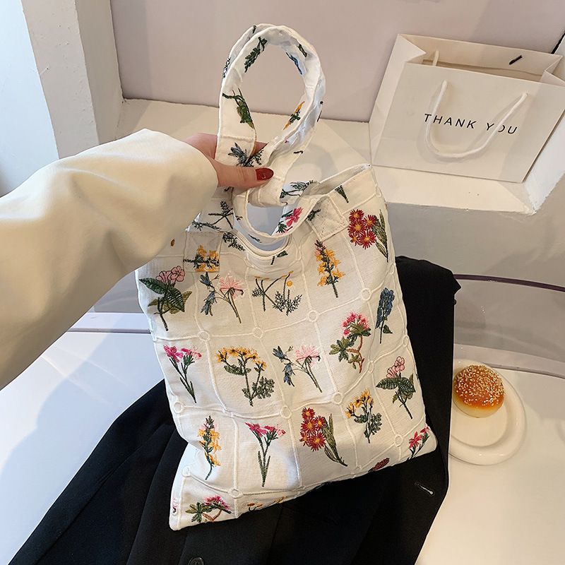 Boho Embroidered Canvas Tote Bag With Daisy Embroidery Handbag
