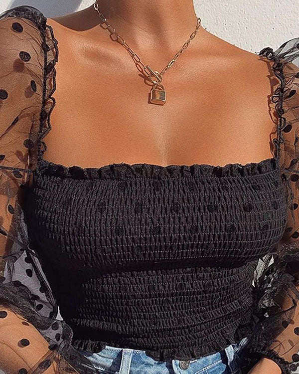 Polka Dot Black Sheer Mesh Long Sleeve Ruched Shirts Tops