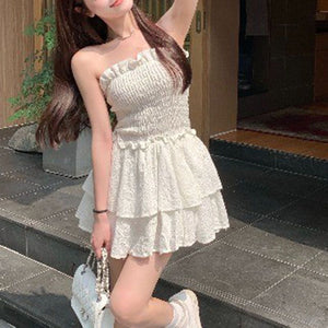 Tie Waist Smocked Pompom Trimed Layered Strapless Romper Shorts Bandeau Playsuits