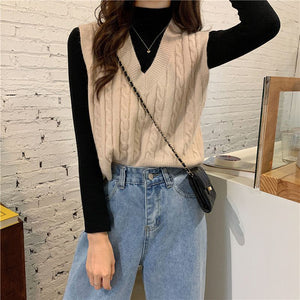 Oversized Cable Knit V Neck Knitted Tank Top Sweater – sunifty