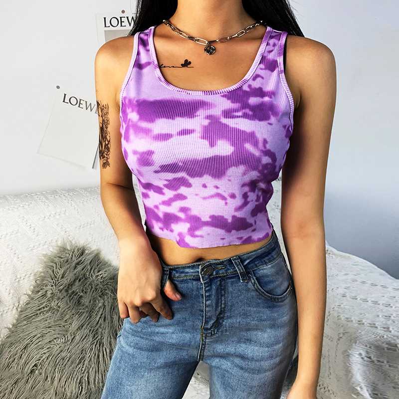 Sporty Ribbed U Neck Pastel Tie Dye Cropped Tank Tops For Women